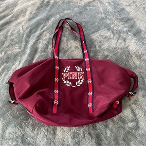 Victorias Secret PINK Duffle Bag Burgundy Red Navy Stripe Logo Weekend Gym Bag